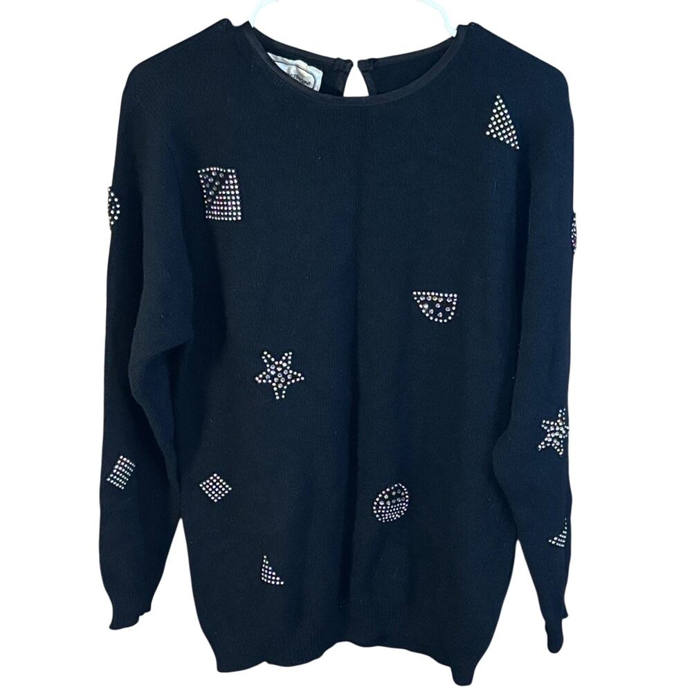 Vintage Adrienne Vittadini Lambswool Angora Sweater Black Beaded Geometric M